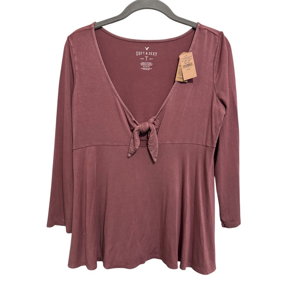 American Eagle Tie Front Top Women Medium Mauve Boho Cottagecore Soft & Sexy T